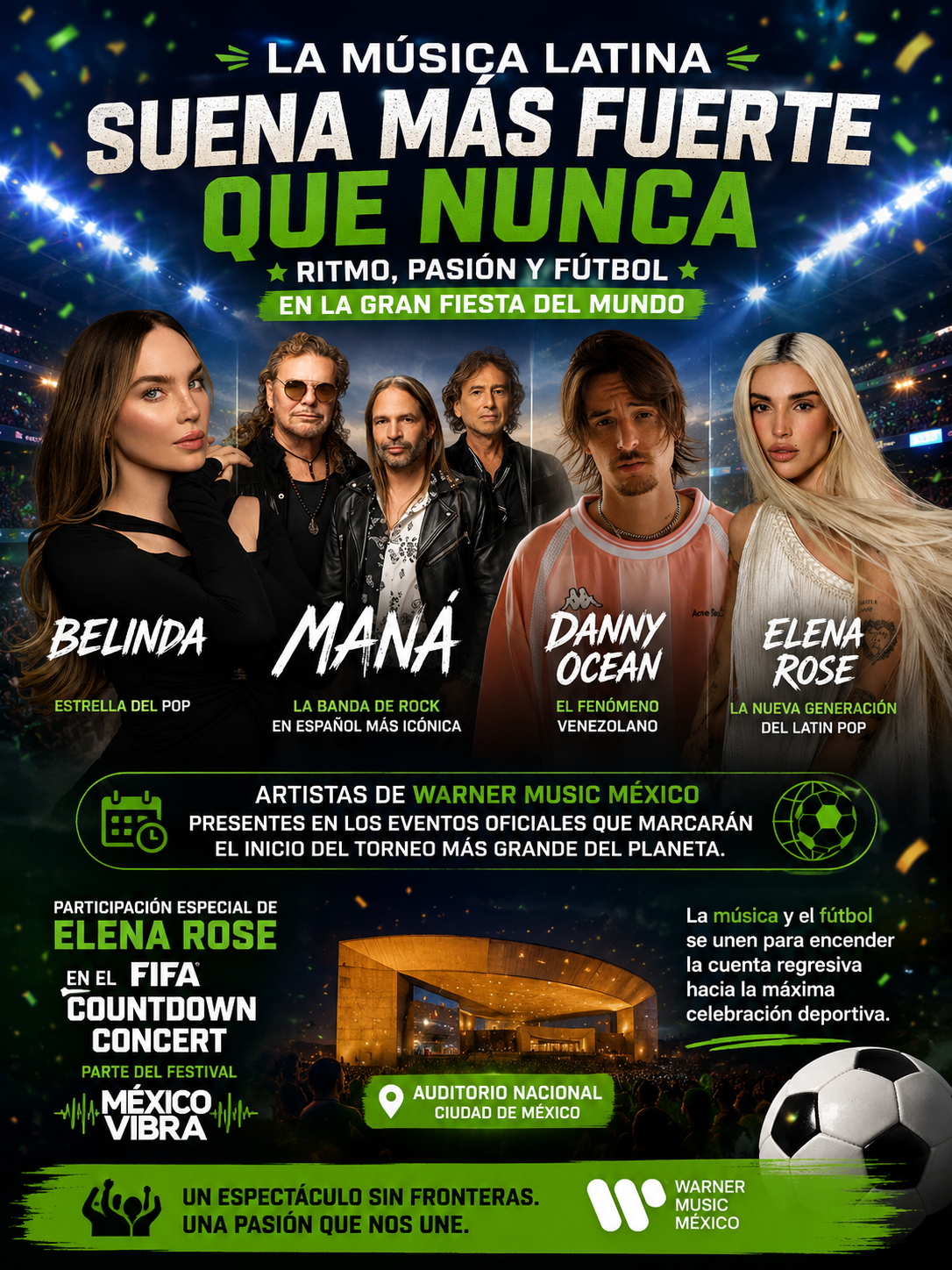 Belinda, Maná, Danny Ocean y Elena Rose pondrán ritmo al arranque de la gran fiesta del fútbol mundial