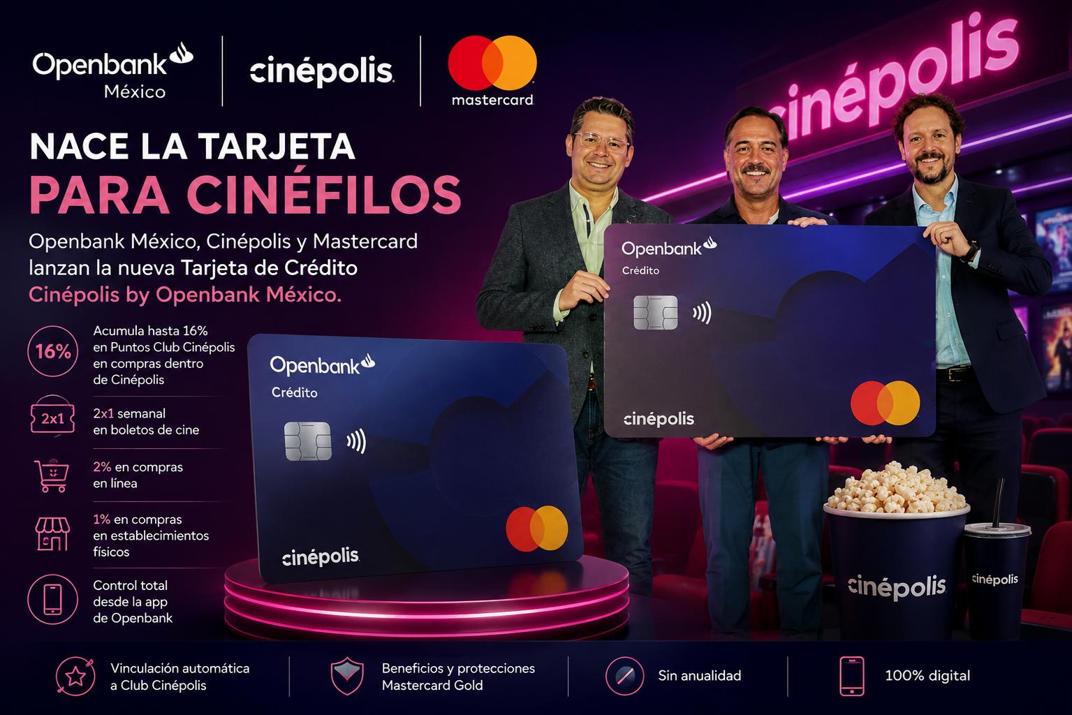Openbank México, Cinépolis y Mastercard lanzan nueva tarjeta de crédito con recompensas para amantes del cine