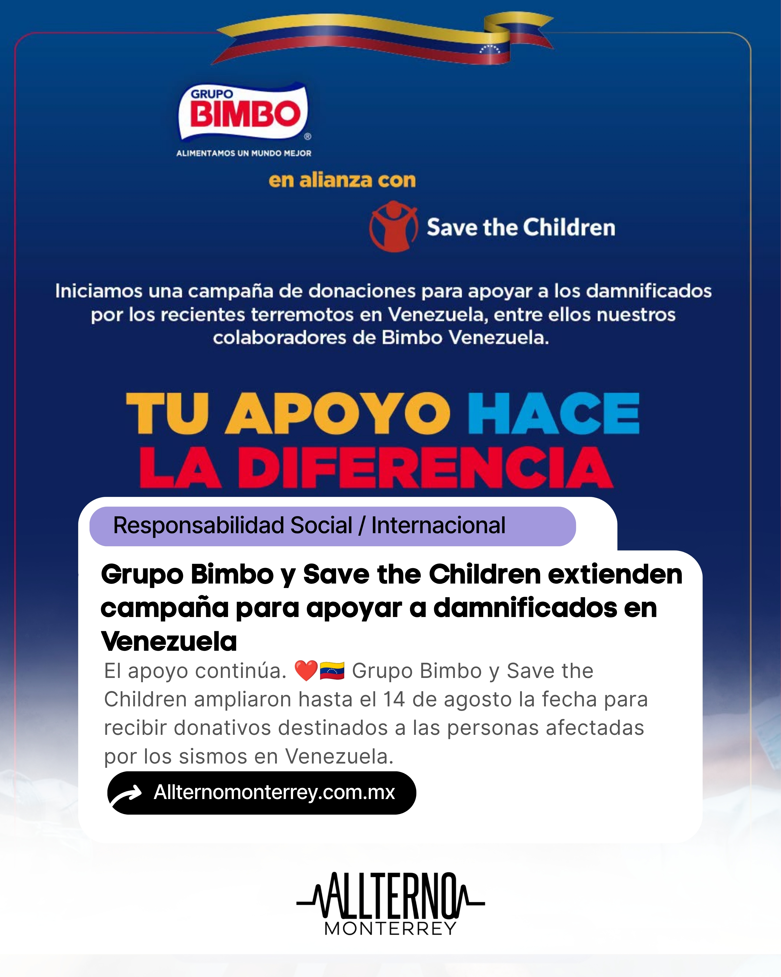 Grupo Bimbo y Save the Children extienden campaña de apoyo para damnificados en Venezuela