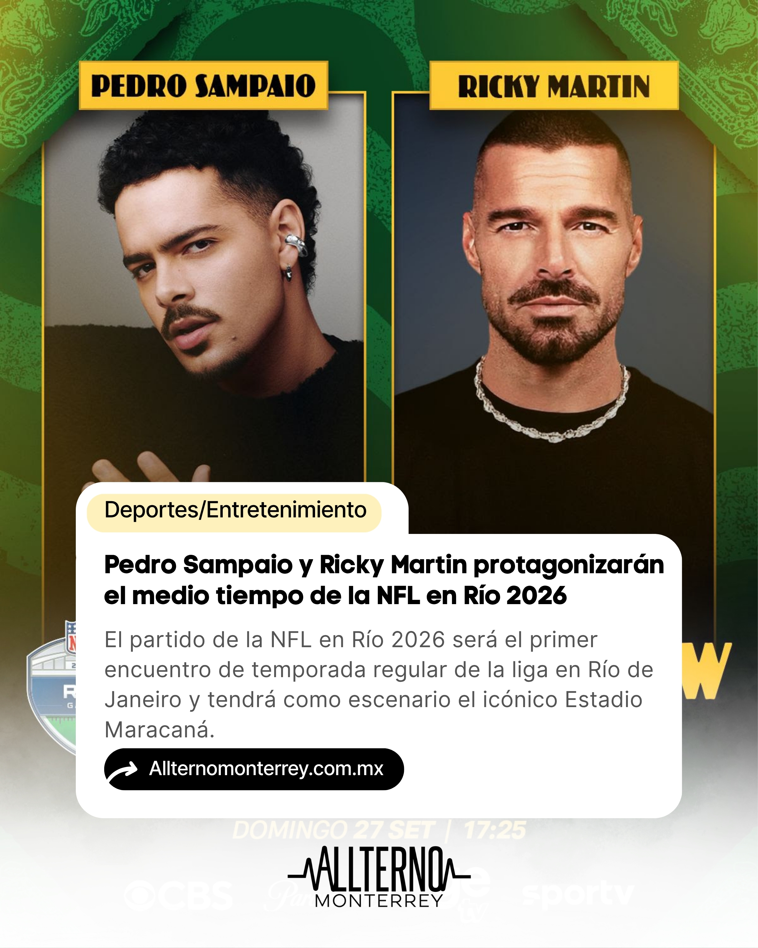 Pedro Sampaio y Ricky Martin protagonizarán el medio tiempo de la NFL en Río 2026